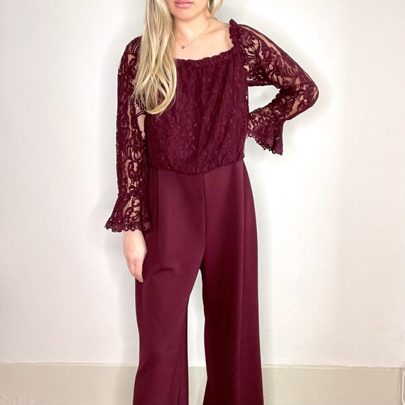 Adrianna Papell Burgundy Lace Long Sleeve Jumpsuit - Picture 2 of 13